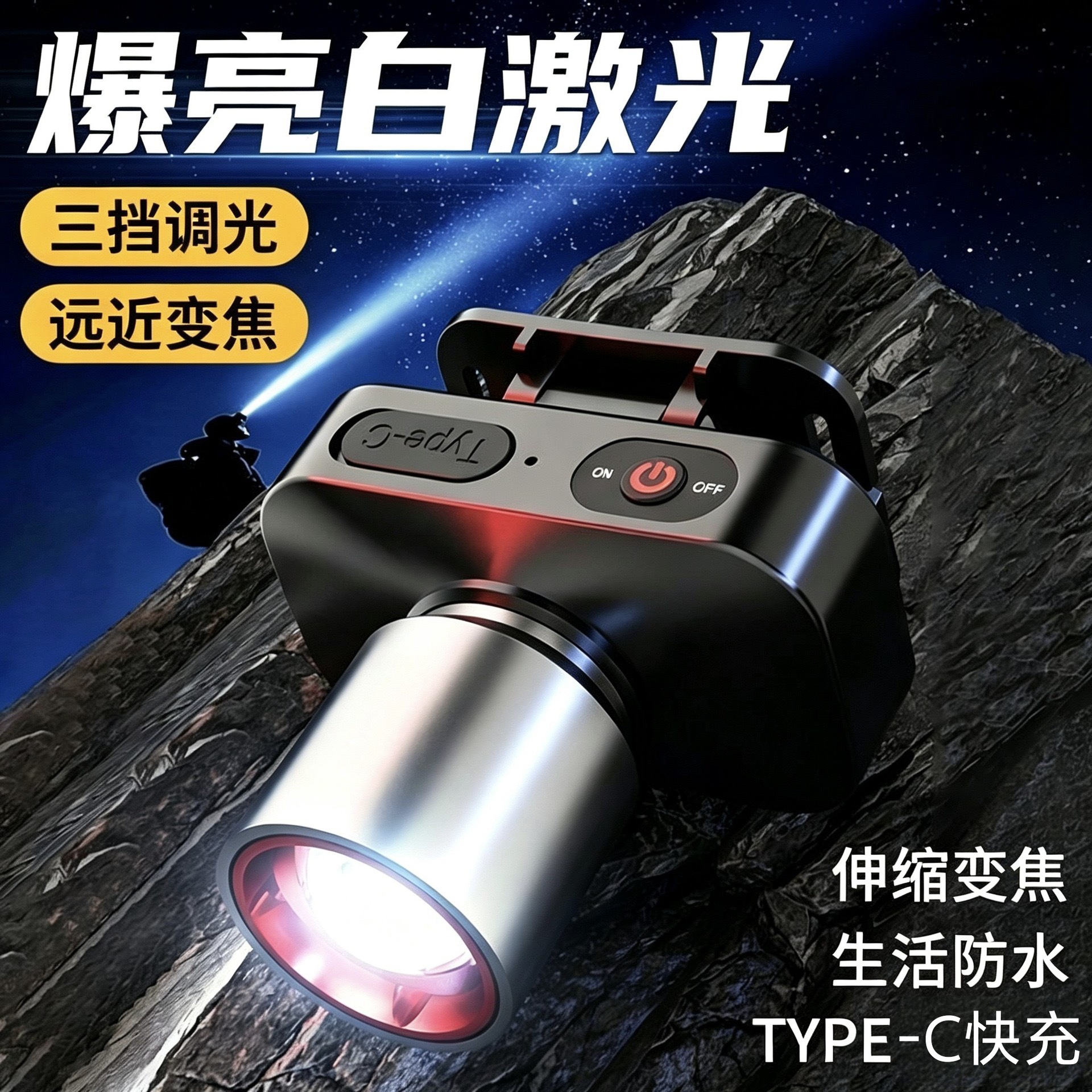 New cross-border outdoor headlamp with white laser, long-range strong light illumination, long battery life, retractable focus, and long-range beam