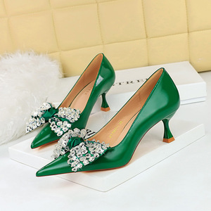 1961-H9 Korean Fashion and Elegant Women's Shoes Wine Cup Heel High Heel Shallow Mouth Pointed Rhinestone Bow Tie B