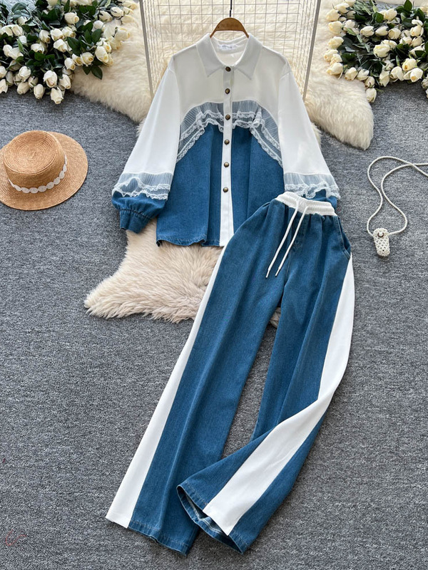 Autumn Fashion Two-Piece Set for Women, High-End Lace Splicing Long-Sleeved Contrasting Denim Tops, High-Waisted Wide-Leg Straight Pants