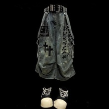 【新塘牛仔全店现货】暗黑七分牛仔裤女废土风做旧皱褶贴布阔腿裤