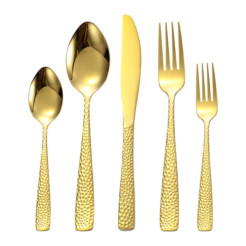 Amazon vajilla snakeskin martillo mango conjunto de cinco piezas creativo occidental cuchillo de carne y tenedor cuchara de acero inoxidable dorado cuchillo y tenedor