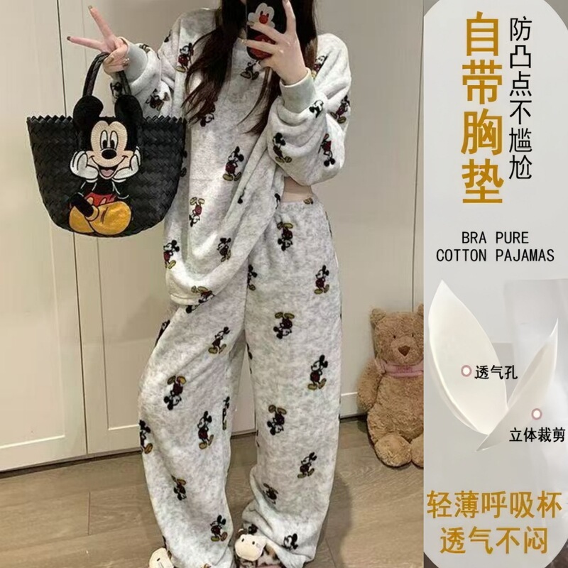 Flannel Pajamas with Breast Pads for Women, Autumn and Winter Long-Sleeved Trousers, Plus Velvet, Warm and Sweet Cartoon Suit