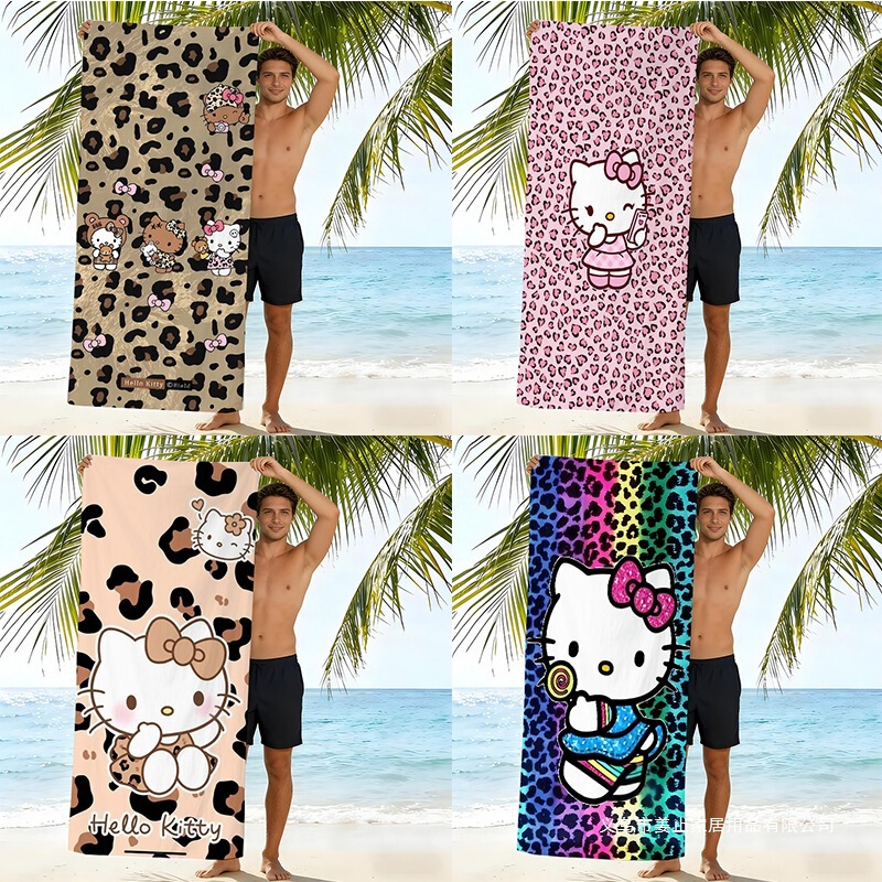 Cross-Border Sanrio Leopard Print Hello Kitty Beach Towel Microfiber Children's Bath Towel Digital Printed Cartoon Quick-Drying Towel