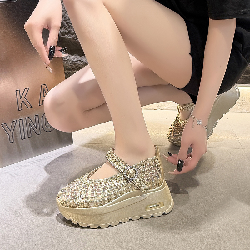2026 Korean Version New French-Style Hollow-Out Women's High-Heeled Platform Woven Strap Shallow Mary Jane Shoes