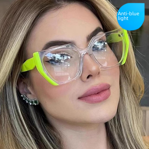 Cat-eye fluorescent green polygonal flat glasses, trendy European and American internet celebrity mixed-color eyeglass frames with contrasting colors, suitable for prescription glasses.