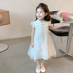女の子のワンピースの夏2025の新型の中で子供の中国式のチャイナドレスの王女のスカートの洋風の夏のタイプのネットのスカート