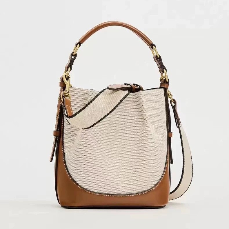 Cross-Border Women's Bags 2025 New Niche Design Drawstring Canvas Color-Blocking Casual Shoulder Crossbody Handbag Bucket Bag