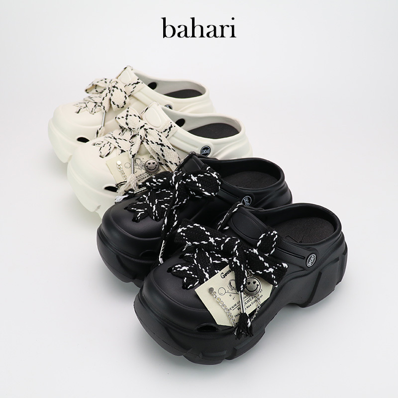 BAHARI Hole Shoes Women's Outer Wear Height Increasing Thick Bottom Fashionable Creative Shoelace Smiley Non-Slip Baotou Beach Sandals