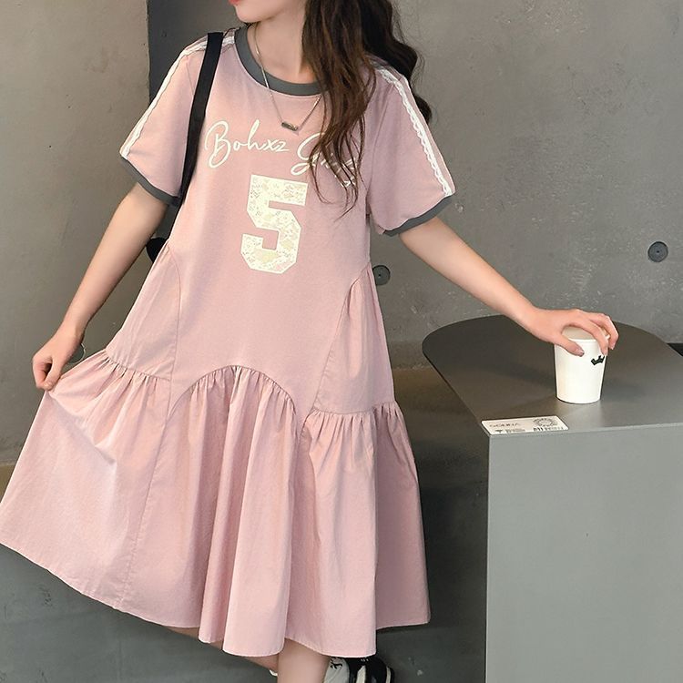 Girls' Patchwork Printed Skirt Summer Dress for Middle-Aged and Older Children Korean Style Summer New Mid-Length Solid Color Casual Princess Skirt