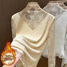 秋冬加绒加厚打底衫女2025春秋新款洋气半高领内搭小衫网纱蕾丝衫