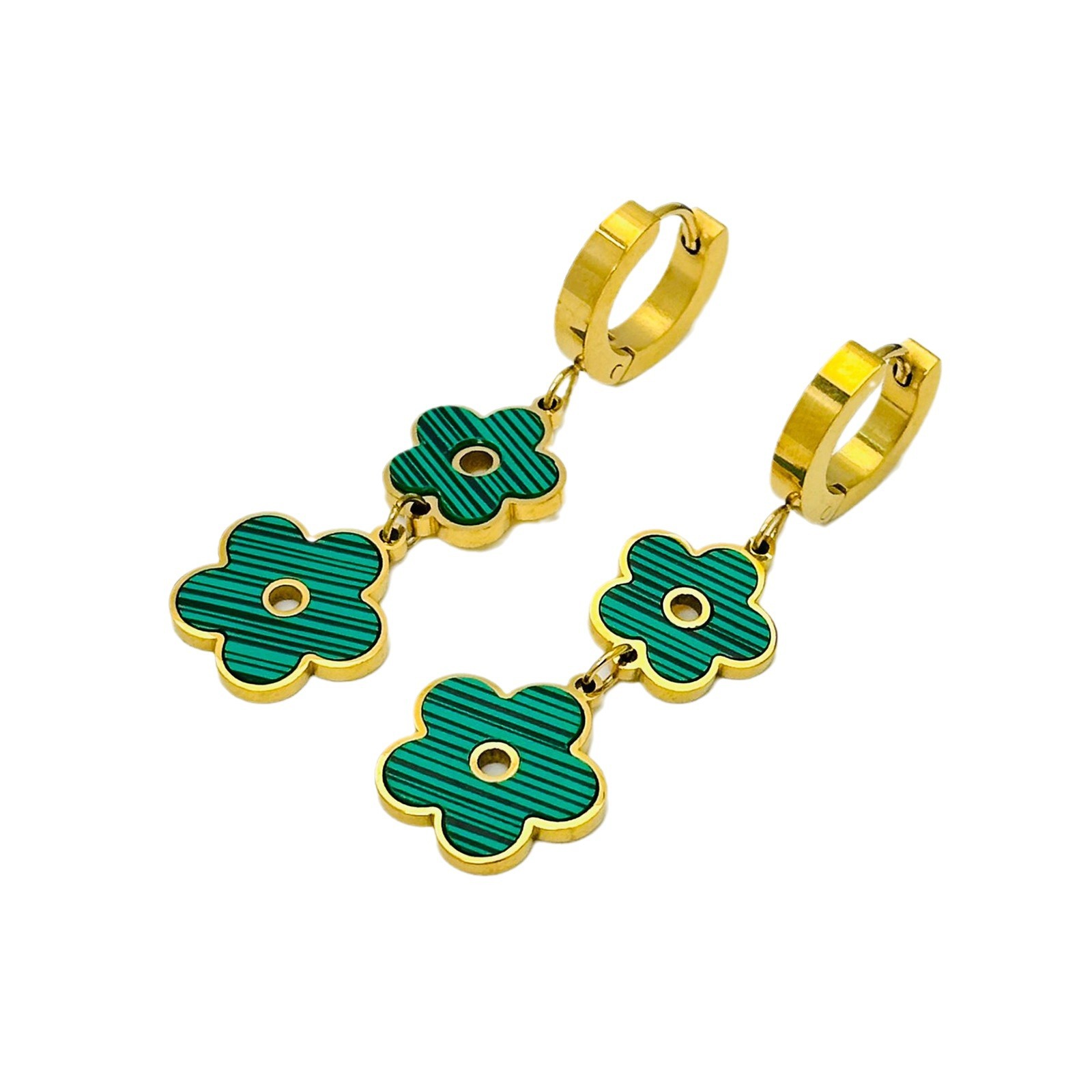 Creativo de cinco flores estilo retro europeo y americano temperamento versátil simple personalidad cuatro hojas colgantes aretes de joyas de acero
