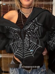 Women's Y2K Spider Web Graphic Hoodie Black White Zip Up跨境
