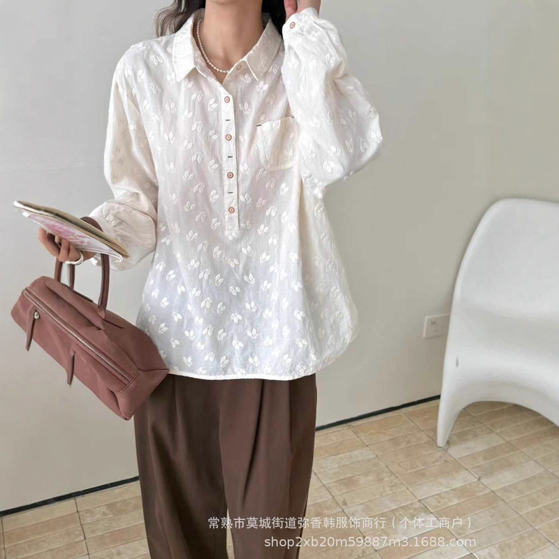 Gentle Petite Lace Embossed Plum Blossom Embroidery Colorful Buttoned Right Shoulder White Shirt Women's Long-Sleeved Bottoming Shirt Japanese Style Style