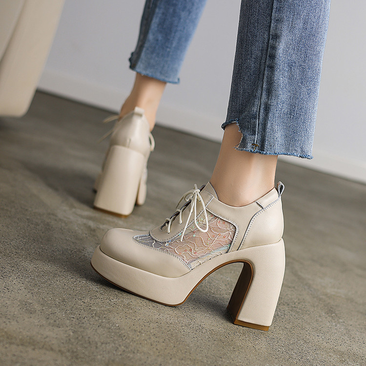 11cm High-heeled Leather Shoes Breathable Lace Mesh Shoes New Cowhide Lace-up Platform Thick-heeled Shoes for Women White