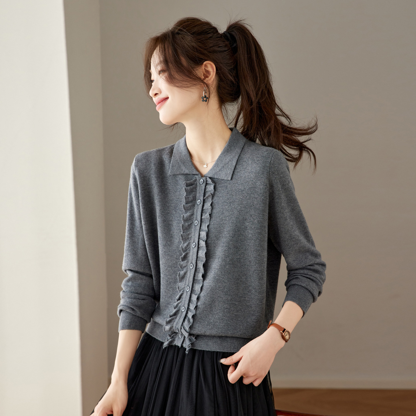 翻领针织开衫女春秋2025新款荷叶边宽松短款毛衣外套小个子上衣薄