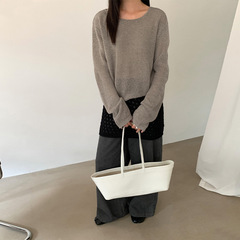 TG 松弛感宽松显瘦镂空圆领纯色套头针织毛衣女2025初秋新款25659