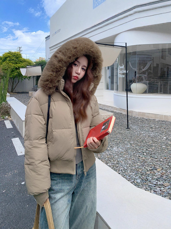2025冬季新款宽松显瘦毛领连帽短款羽绒棉服女收腰加厚棉衣外套|undefined