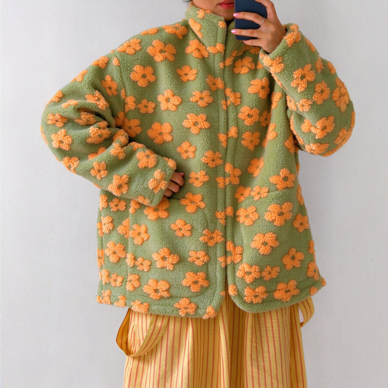 European and American cross-border women's fashion 2026 autumn/winter new style fleece floral casual loose zip-up jacket European and American cross-border women's fashion 2026 autumn/winter new style fleece floral casual loose zip-up jacket