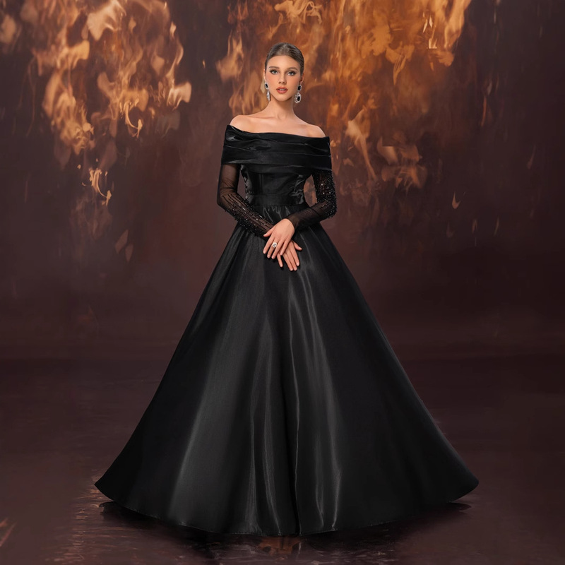 Women's Formal Ball Gown Elegant Satin Mesh Beaded Off-Shoulder Party Dress-Mgn1539 Women's Formal Ball Gown Elegant Satin Mesh Beaded Off-Shoulder Party Dress-Mgn1539