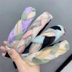 Spring and Summer New Three-Color Striped Net Fabric Chain Crochet Hair Band for Women, Colorful Bright and Fashionable Fresh Hair Accessory