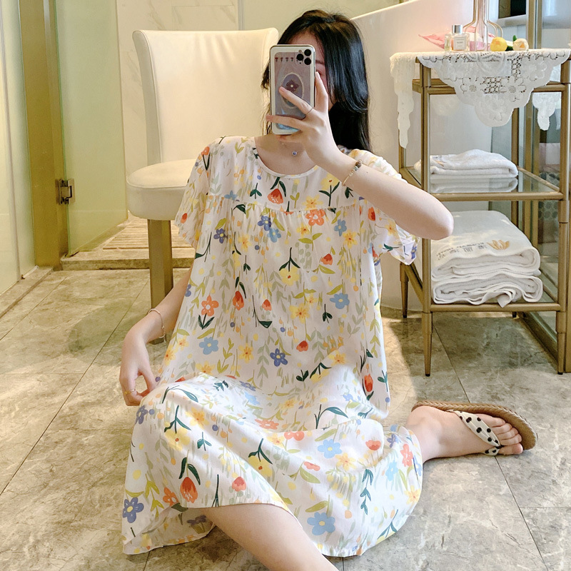 2025 New Cotton Silk Summer Short Sleeve Cartoon Nightgown Women's Dress European Version Spring and Autumn Large Size Loose Cotton Silk Pajamas