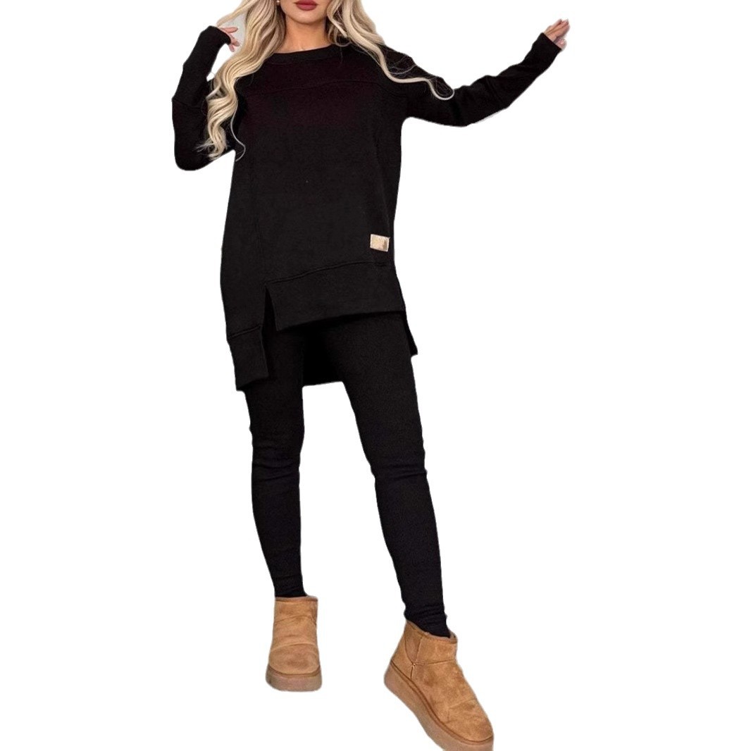 2024 European And American Cross-Border Autumn Winter Hot-Selling Women's Top With Slit Long Sleeve Round Neck Casual_ecoleips.com