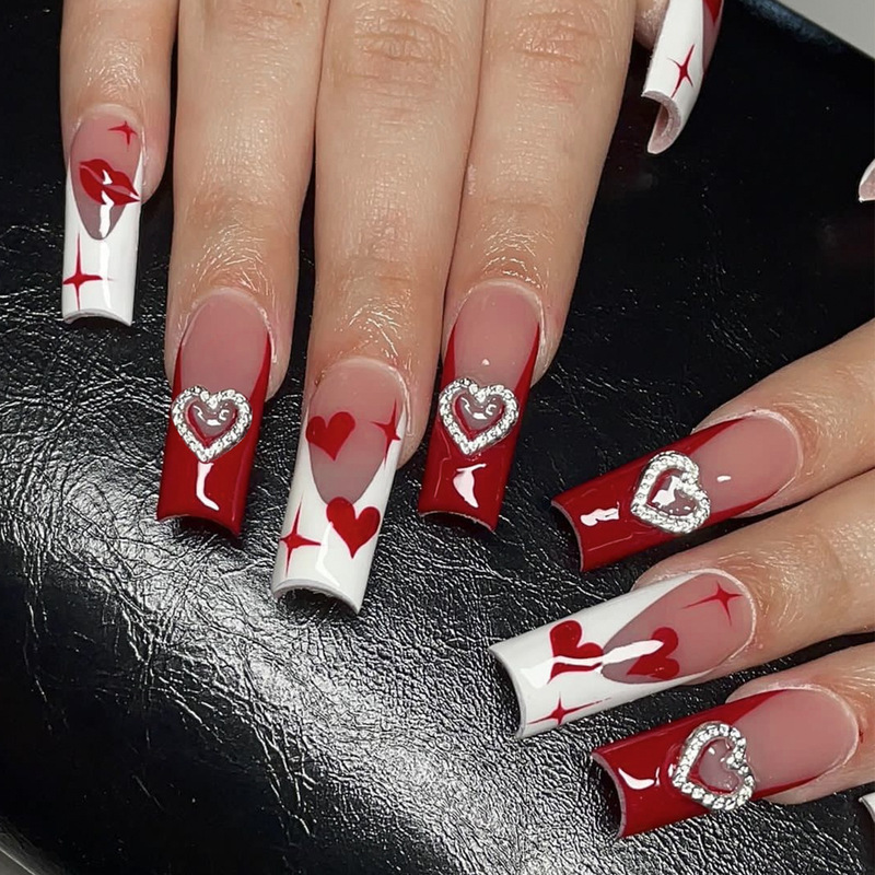 Wear Armor European and American Long Coffin Red and White French Love Lip Print Star Print Removable Fake Nail Manicure