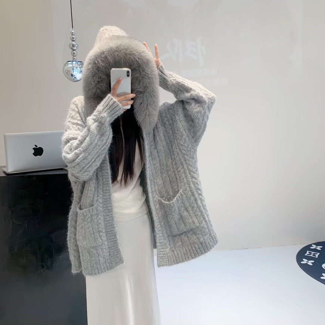 韩国大毛领针织开衫外套女秋冬加厚宽松慵懒风时尚百搭连帽毛衣女