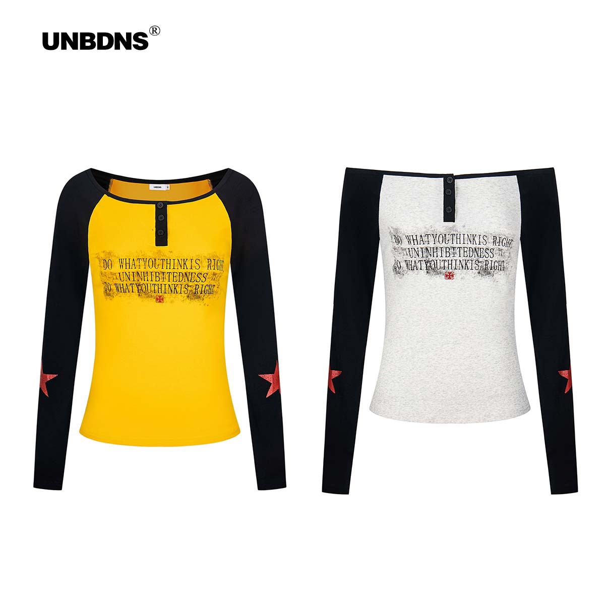 UNBDNS美式字母星星撞色插肩袖女秋新款修身显瘦时尚长袖T恤上衣