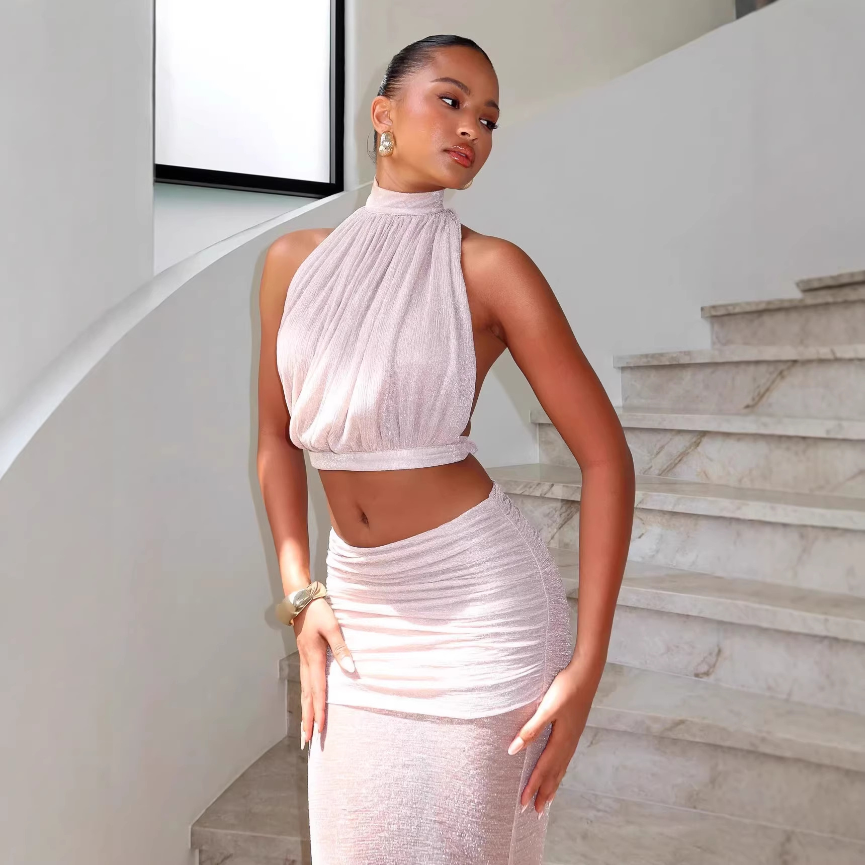 Women's Clothing Women's Sleeveless Halter Neck Glitter Mesh Pleated Skirt Set Sexy Fashion Top Bottoms Combo_ecoleips.com