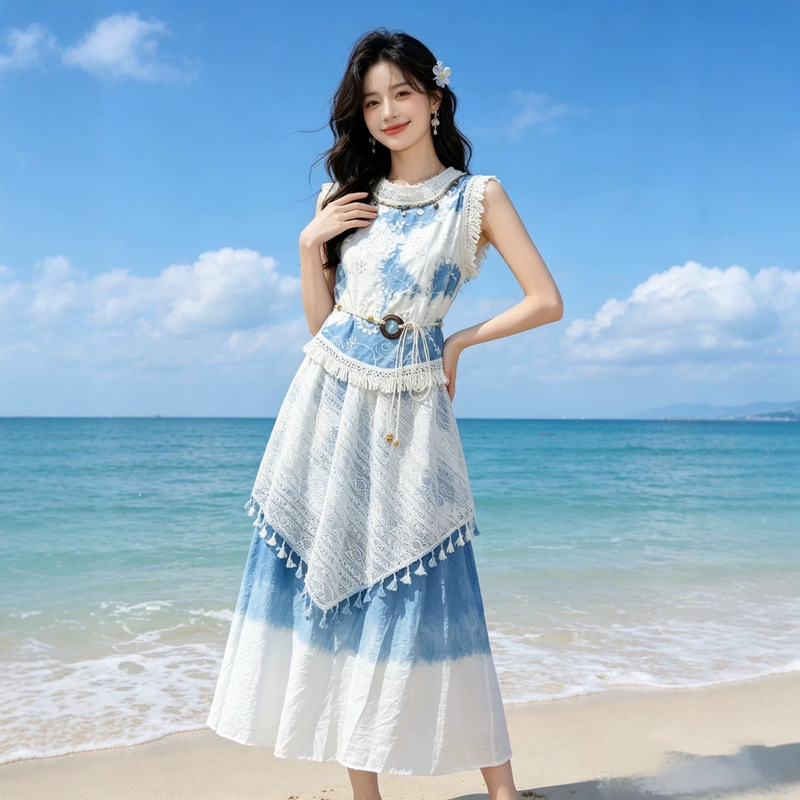 Yunnan Dali Wholesale Handmade Pure Plant-Based Indigo-Dyed Tie-Dye Travel Vacation Versatile Women's Dress Set Yunnan Dali Wholesale Handmade Pure Plant-Based Indigo-Dyed Tie-Dye Travel Vacation Versatile Women's Dress Set
