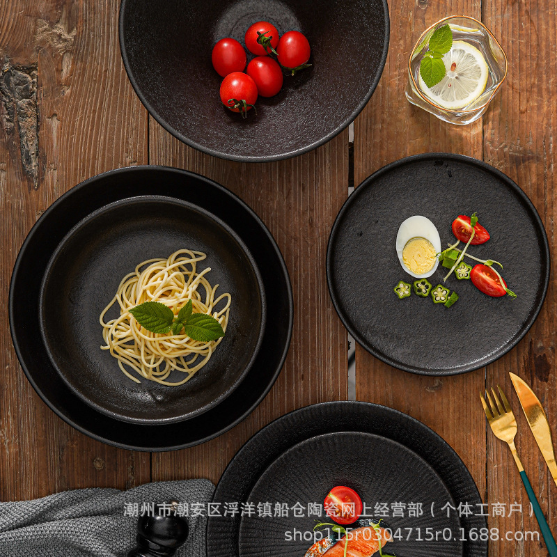 Japanese-style Lamen Noodle Bowl Soup Bowl Plate suit Household Frosted Ins Beat Disc Steak Plate Western Food Plate Pure Black Vintage