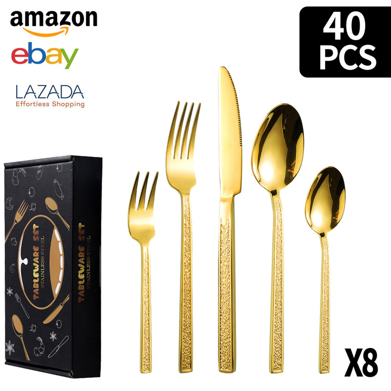 クロスボーダーステンレス食器角ハンドル石模様20/30/40/60ピースセットチタンメッキ洋食器ステーキナイフ、フォーク、スプーン|undefined