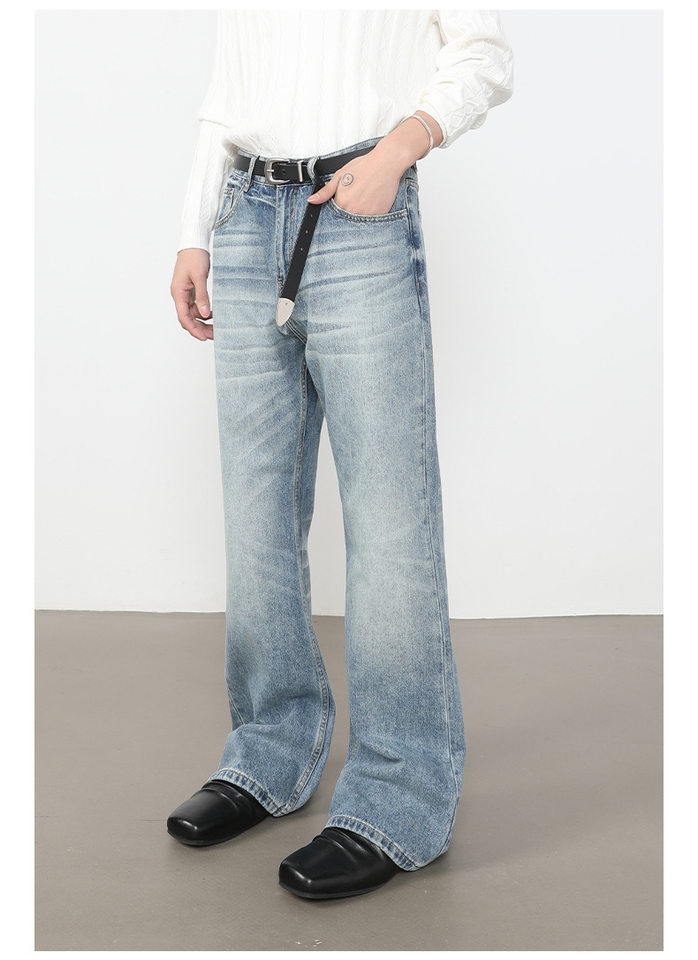 Quần jean nam ống loe nhẹ dáng rộng thoải mái, vải denim xử lý bạc màu — màu xanh, màu xanh nhạt, màu xám đen chi tiết 13