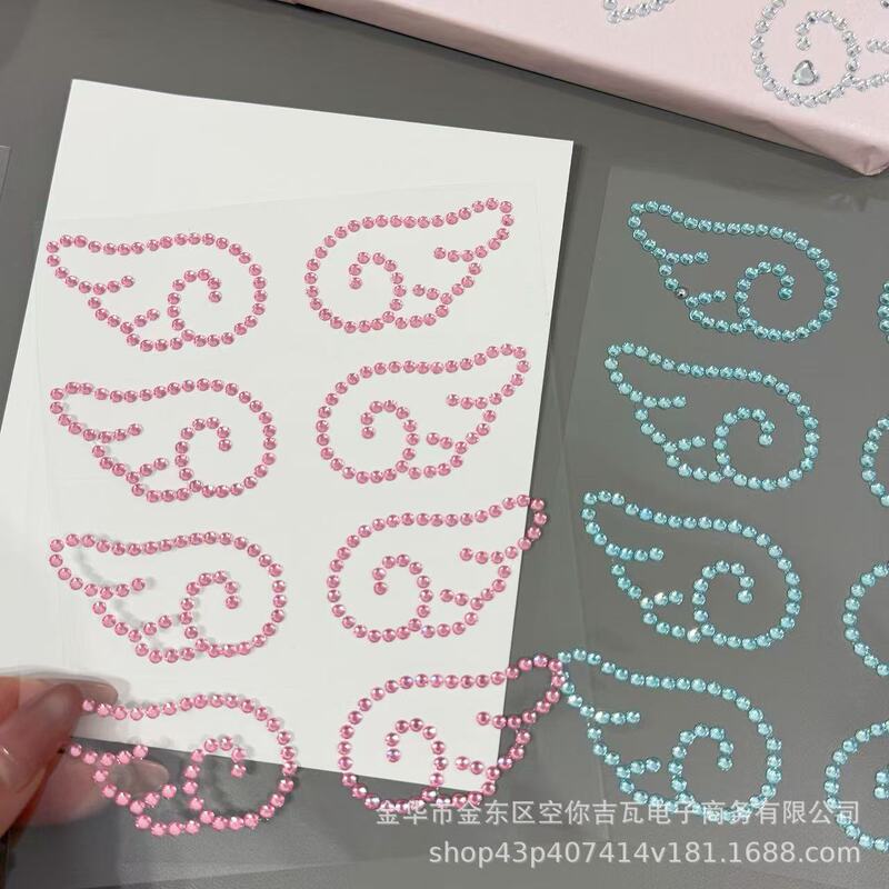 Blogger's Same Style Ins Pink Wings Rhinestone Stickers 3D Embossed Card Decoration Silver Guka Material Stickers Wholesale