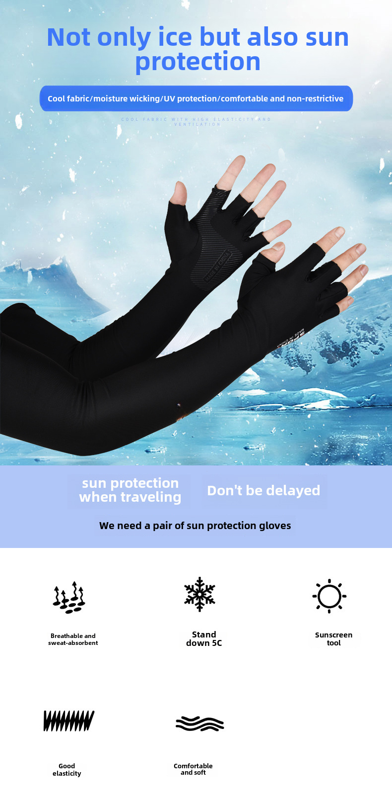 Summer Five-Finger Ice Sleeve Sunscreen Arm Ice Silk Sleeve Half-Finger Gloves for Men and Women Outdoor UV Driving Ride_viptrois.com