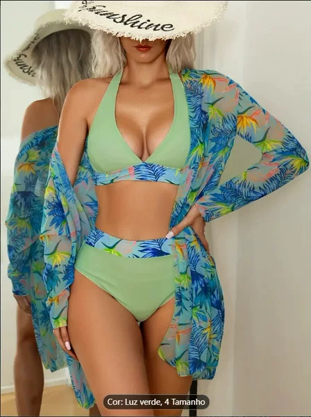 2025 European and American Cross-Border Swimwear Three-Piece Set Bohemian Style High-Waisted Split Swimsuit Printed V-Neck Bikini
