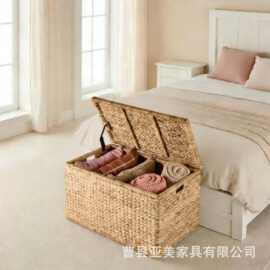 跨境水葫芦草编收纳篮卧室带盖大容量衣物储物筐翻盖式玩具整理箱
