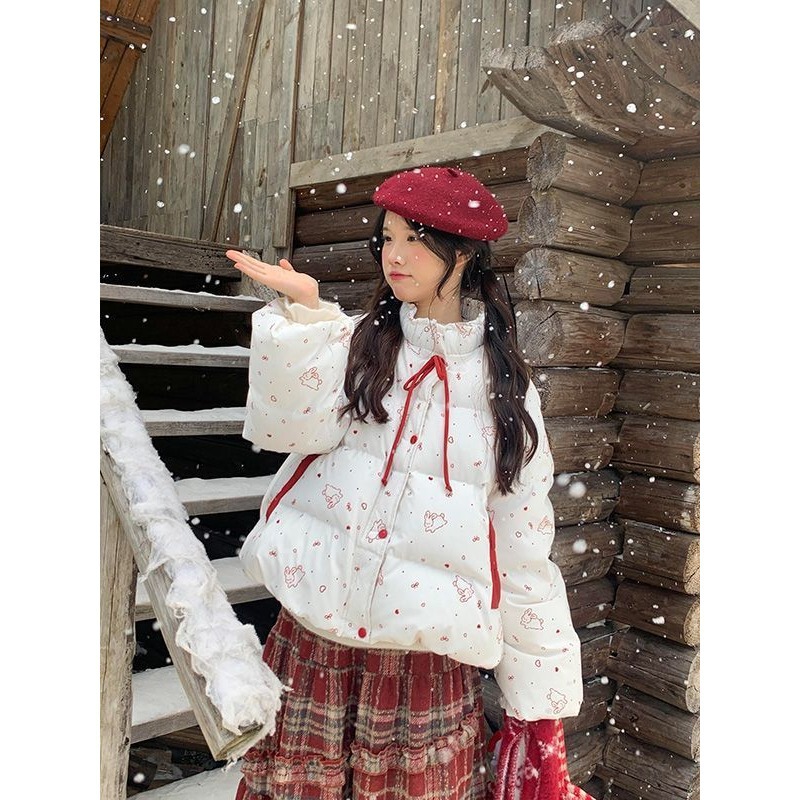 Snowy Atmosphere Full Print Rabbit Bow Stand Collar Cotton Jacket for Women Winter Sweet Artistic Floral Puffer Coat
