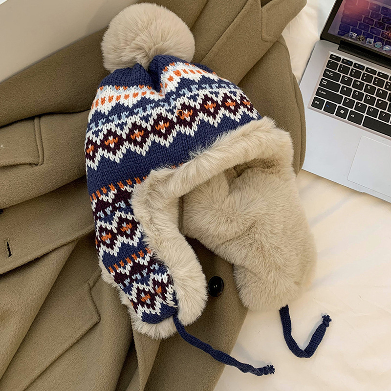 フェア島風毛糸帽子女子秋冬レトロ百合大頭囲保温ニット帽子顔小耳保護帽子
