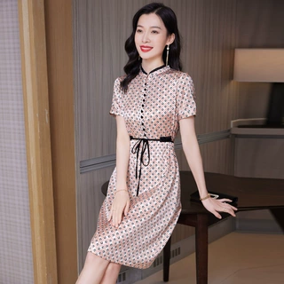 9518设计感真丝连衣裙高端女装夏季新款小个人桑蚕丝中长款裙子女