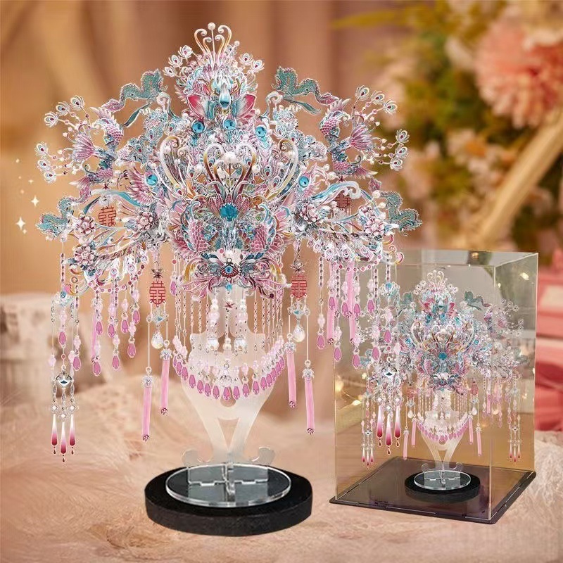 Gangda ピンクシルバー鳳凰の冠結婚式ファン金属組み立て装飾品立体パズル手作りギフトガールフレンドギフト|undefined