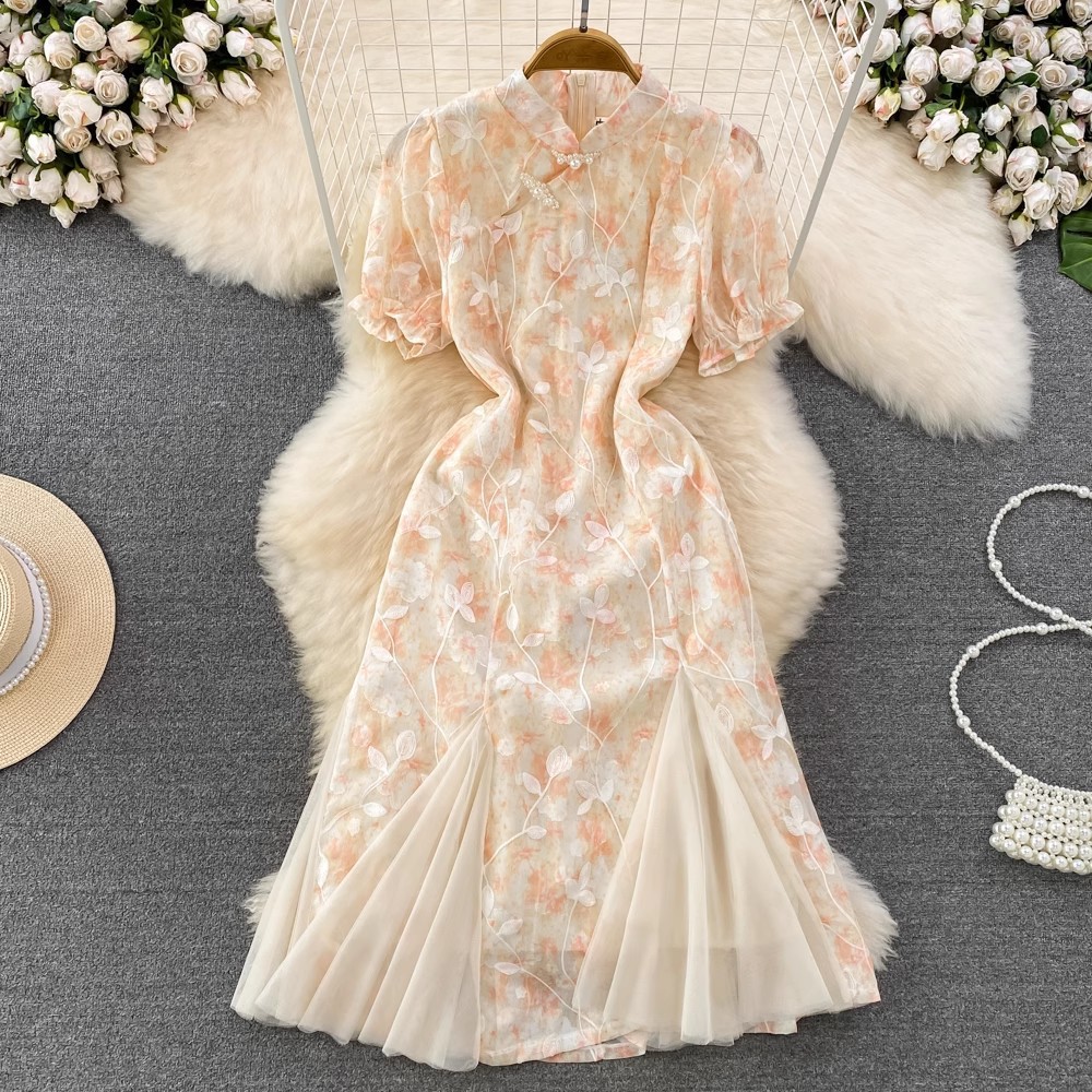 Cross-border High-end Modified Cheongsam For Women, Summer 2023 New Vintage Chinese-style Stand-up Collar,_ecoleips.com