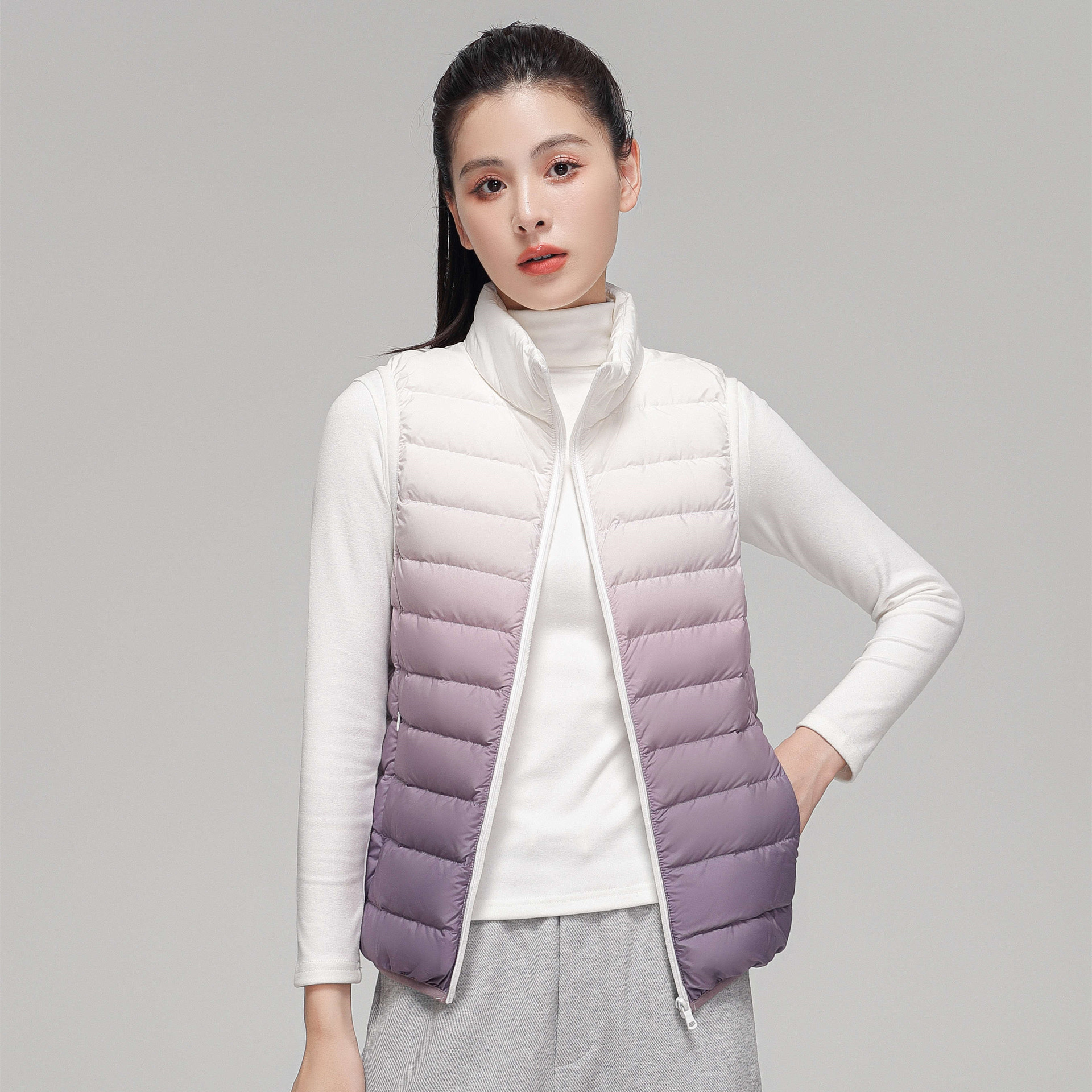 Transfronterizo TikTok otoño y invierno 90 vello chaleco de pluma ligero chaleco de mujer ropa de mujer ligera y delgada chaqueta de hombro de color gradiente