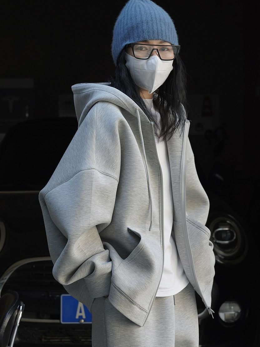 Early Autumn Korean Style Solid Color Oversized Air Layer Hooded Cardigan Sweatshirt, Korean Style Loose Casual Zipper Jacket for Women