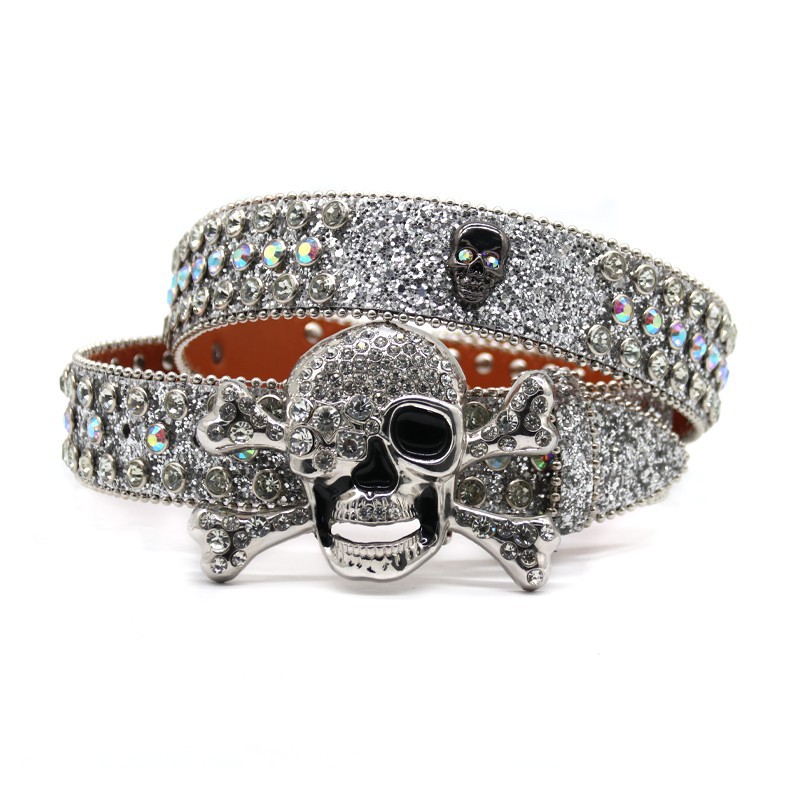 Silver Big Skull Rhinestone Belt Men's I...