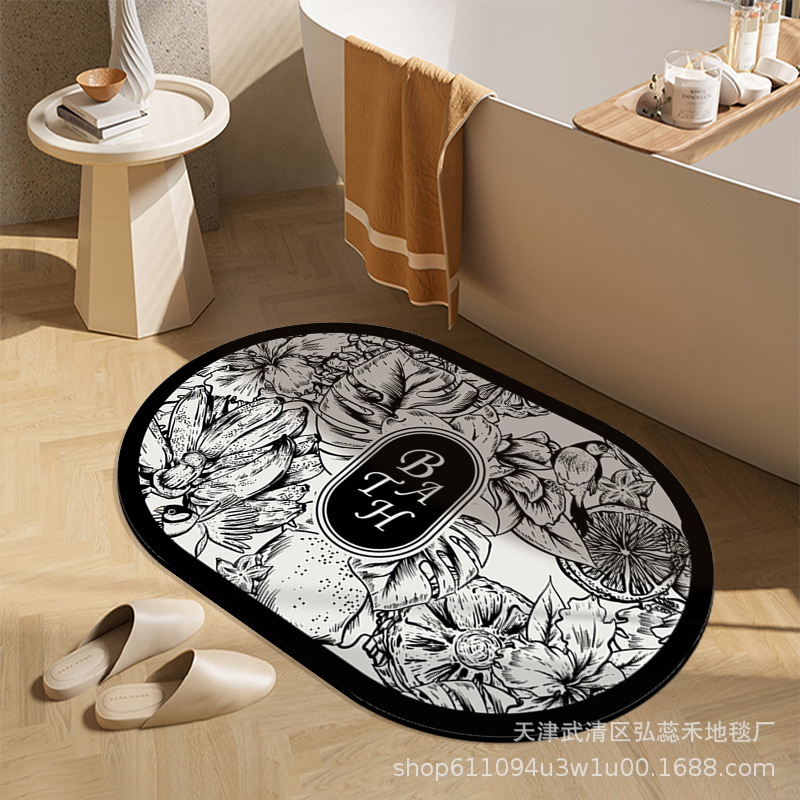 Spot Technology Velvet Absorbent Cushion Light Luxury Retro Oval Quick-drying Foot Mat Home Entry Door Floor Mat Black and White Mat