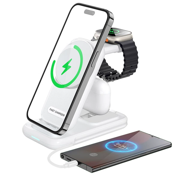 With synchronisation with phone, white wireless watch, headphones, plug