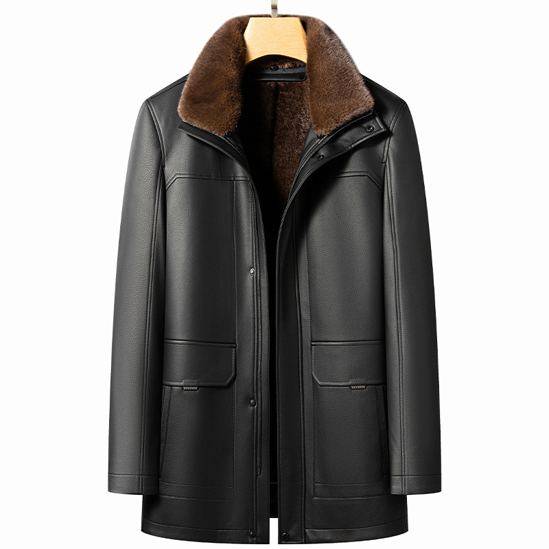 Middle-aged and elderly men's fleece-lined, thickened leather jacket with detachable fur collar, suitable for winter warmth and versatile style.