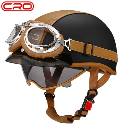 and Electric Bikes, Japanese-Style Helmet, Motosiklet kaskı (dəbilqə) - cro-summer-helmet-matte-black-transparent-mirror-black-tea-mirror-yellow-leather-goggles-m-55-56cm-head-circumference